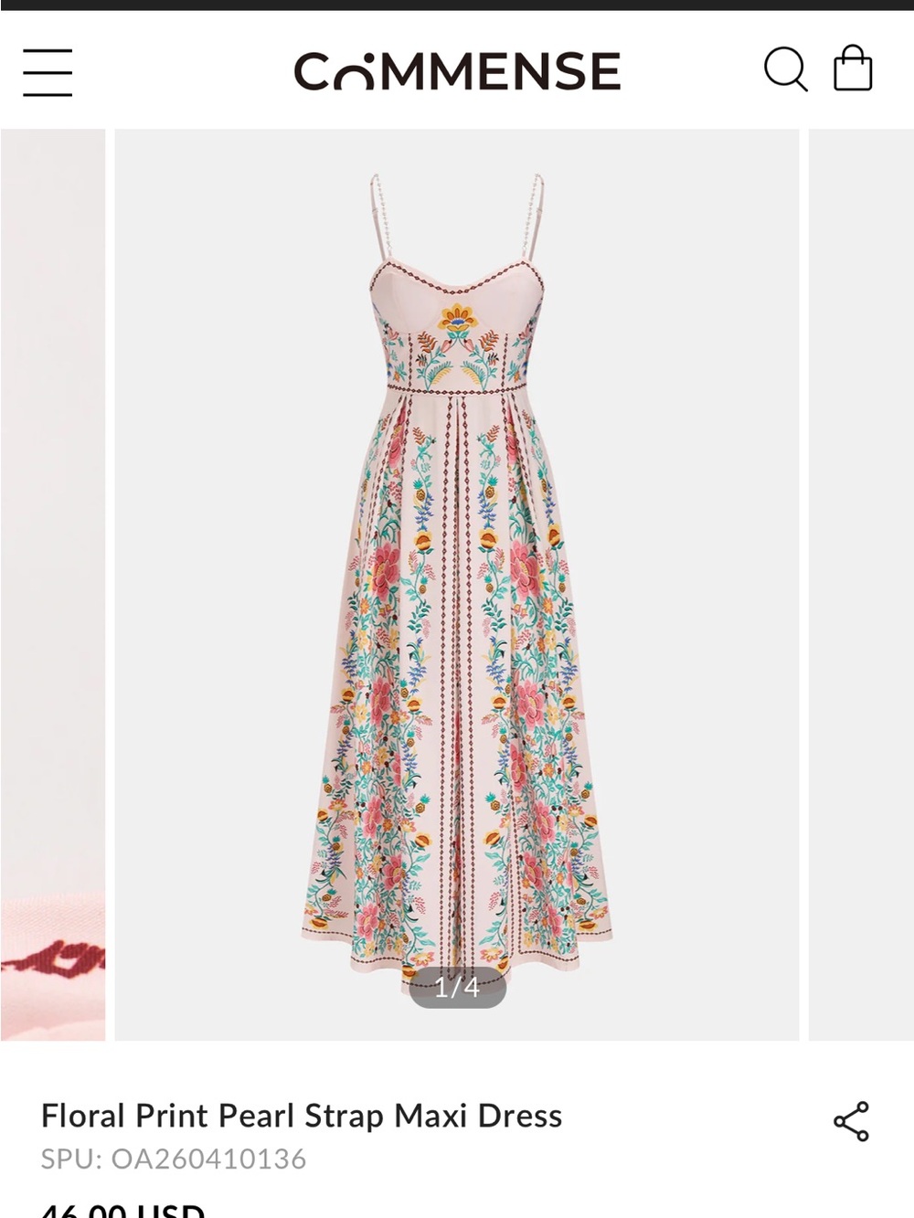 NWT Commense Pink Floral Print Pearl Strap Maxi Dress
